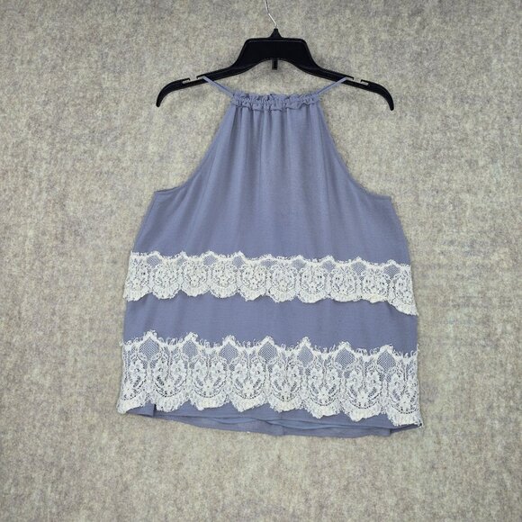 Loft Womens Halter Neck Sleeveless Lace Trim Top S Gray Ivory Boho Style - Picture 1 of 5
